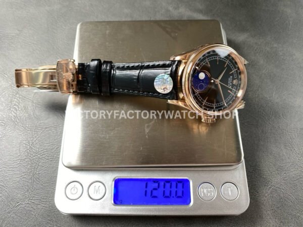 R+ Factory Counterweight Rolex Cellini Moonphase 50535 39mm Rose Gold Black Leather Strap Black Dial