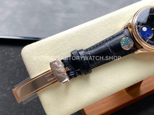 R+ Factory Counterweight Rolex Cellini Moonphase 50535 39mm Rose Gold Black Leather Strap Black Dial