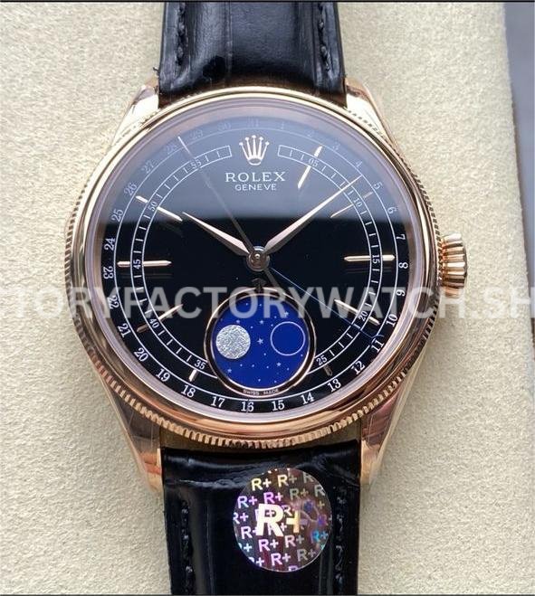 Rolex Cellini 50535 rose gold black dial replica moonphase