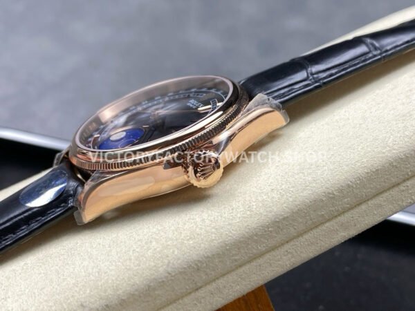 R+ Factory Counterweight Rolex Cellini Moonphase 50535 39mm Rose Gold Black Leather Strap Black Dial