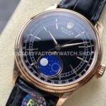R+ Factory Counterweight Rolex Cellini Moonphase 50535 39mm Rose Gold Black Leather Strap Black Dial