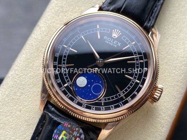 R+ Factory Counterweight Rolex Cellini Moonphase 50535 39mm Rose Gold Black Leather Strap Black Dial