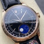 R+ Factory Counterweight Rolex Cellini Moonphase 50535 39mm Rose Gold Black Leather Strap Black Dial