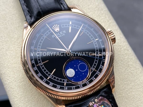 R+ Factory Counterweight Rolex Cellini Moonphase 50535 39mm Rose Gold Black Leather Strap Black Dial