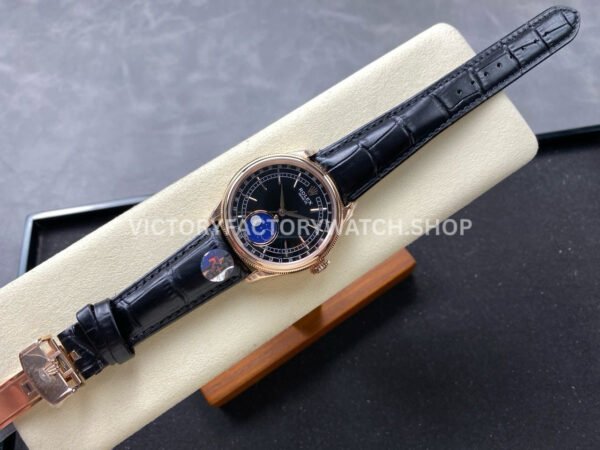 R+ Factory Counterweight Rolex Cellini Moonphase 50535 39mm Rose Gold Black Leather Strap Black Dial