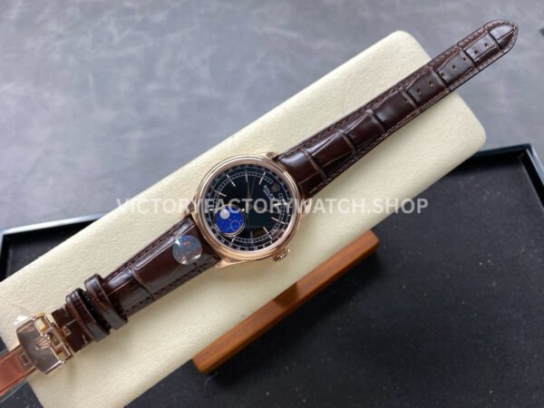 R+ Factory Counterweight Rolex Cellini Moonphase 50535 39mm Rose Gold Brown Leather Strap Black Dial