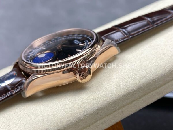 R+ Factory Counterweight Rolex Cellini Moonphase 50535 39mm Rose Gold Brown Leather Strap Black Dial