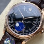 R+ Factory Counterweight Rolex Cellini Moonphase 50535 39mm Rose Gold Brown Leather Strap Black Dial
