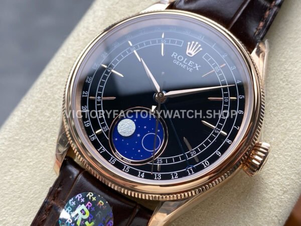 R+ Factory Counterweight Rolex Cellini Moonphase 50535 39mm Rose Gold Brown Leather Strap Black Dial