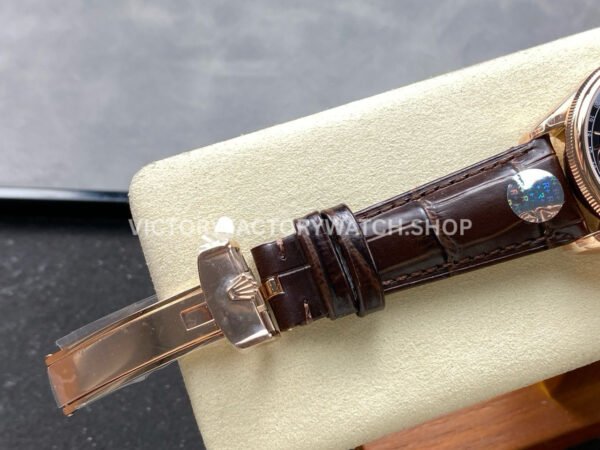 R+ Factory Counterweight Rolex Cellini Moonphase 50535 39mm Rose Gold Brown Leather Strap Black Dial