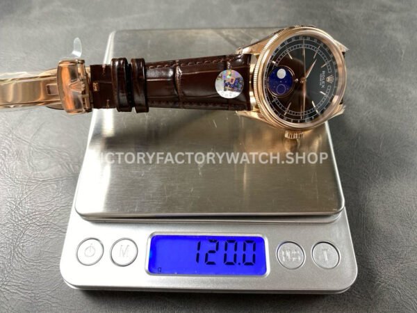 R+ Factory Counterweight Rolex Cellini Moonphase 50535 39mm Rose Gold Brown Leather Strap Black Dial