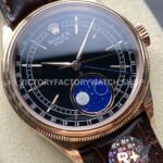 R+ Factory Counterweight Rolex Cellini Moonphase 50535 39mm Rose Gold Brown Leather Strap Black Dial