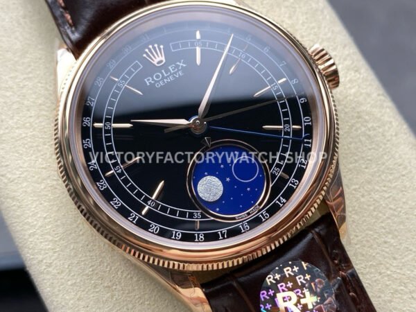 R+ Factory Counterweight Rolex Cellini Moonphase 50535 39mm Rose Gold Brown Leather Strap Black Dial