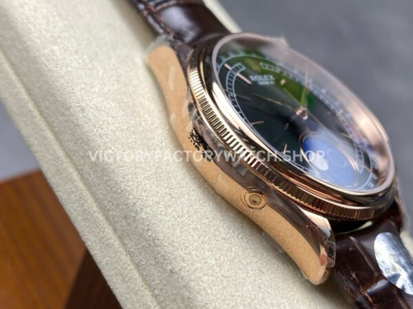R+ Factory Counterweight Rolex Cellini Moonphase 50535 39mm Rose Gold Brown Leather Strap Black Dial