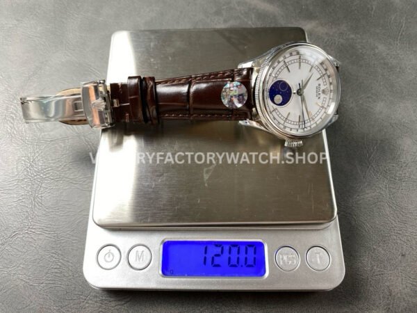 R+ Factory Counterweight Rolex Cellini Moonphase 50535 39mm White Gold Brown Leather Strap White Dial