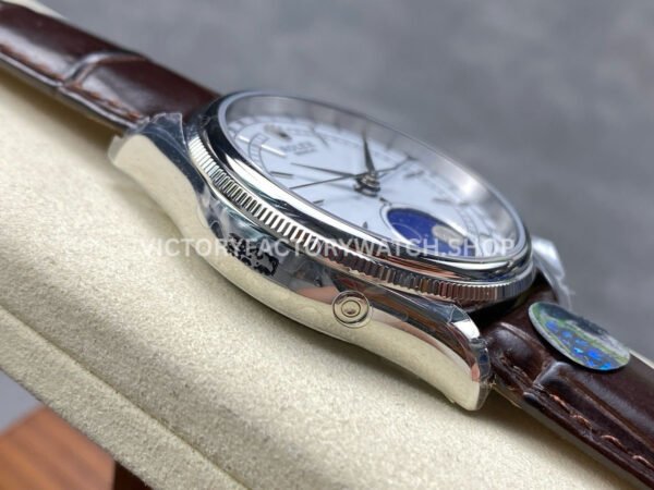 R+ Factory Counterweight Rolex Cellini Moonphase 50535 39mm White Gold Brown Leather Strap White Dial