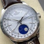 R+ Factory Counterweight Rolex Cellini Moonphase 50535 39mm White Gold Brown Leather Strap White Dial