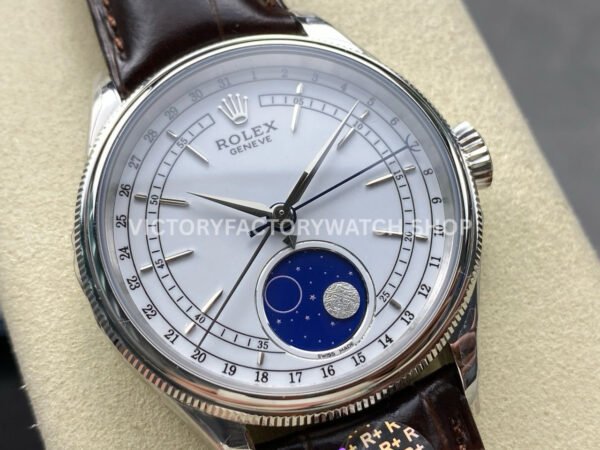 R+ Factory Counterweight Rolex Cellini Moonphase 50535 39mm White Gold Brown Leather Strap White Dial