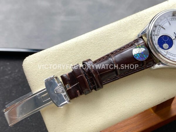 R+ Factory Counterweight Rolex Cellini Moonphase 50535 39mm White Gold Brown Leather Strap White Dial