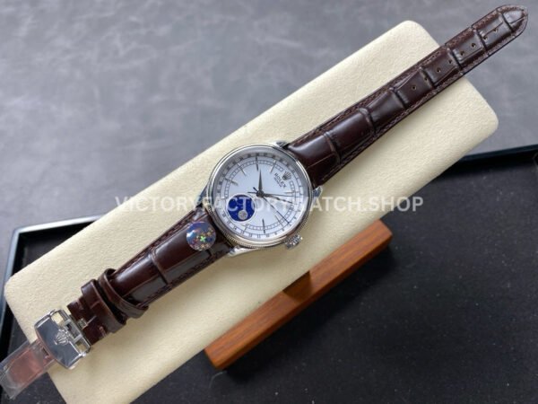 R+ Factory Counterweight Rolex Cellini Moonphase 50535 39mm White Gold Brown Leather Strap White Dial