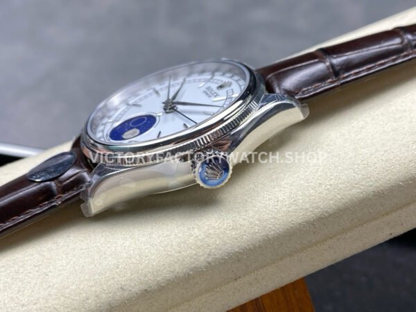 R+ Factory Counterweight Rolex Cellini Moonphase 50535 39mm White Gold Brown Leather Strap White Dial