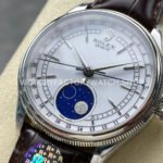 R+ Factory Counterweight Rolex Cellini Moonphase 50535 39mm White Gold Brown Leather Strap White Dial