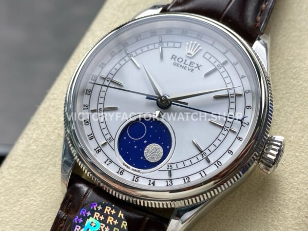 R+ Factory Counterweight Rolex Cellini Moonphase 50535 39mm White Gold Brown Leather Strap White Dial