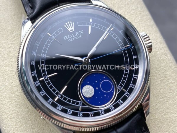 R+ Factory Counterweight Rolex Cellini Moonphase 50535 39mm White Gold Black Leather Strap Black Dial
