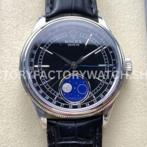R+ Factory Counterweight Rolex Cellini Moonphase 50535 39mm White Gold Black Leather Strap Black Dial