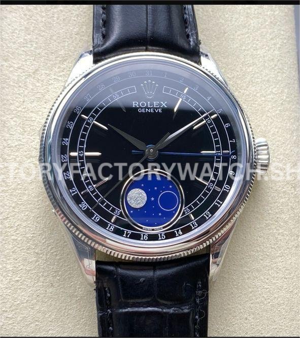 R+ Factory Counterweight Rolex Cellini Moonphase 50535 39mm White Gold Black Leather Strap Black Dial