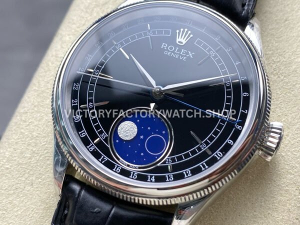 R+ Factory Counterweight Rolex Cellini Moonphase 50535 39mm White Gold Black Leather Strap Black Dial