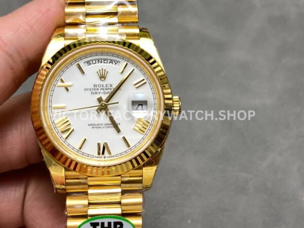 THB Factory Counterweight Rolex Day-Date 228238-0042 40mm Full Yellow Gold Roman Numerals White Dial