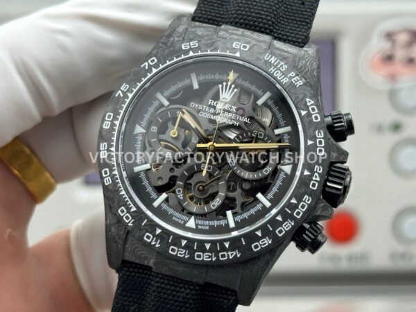 TW Factory Rolex Daytona 116500 40mm Black Carbon Fiber Black Canvas Strap Skeleton Dial