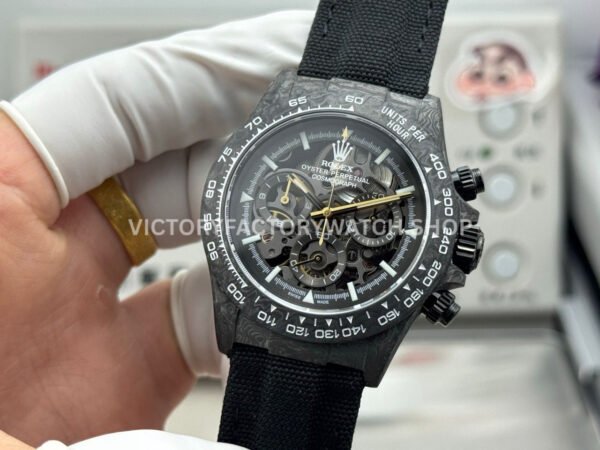TW Factory Rolex Daytona 116500 40mm Black Carbon Fiber Black Canvas Strap Skeleton Dial