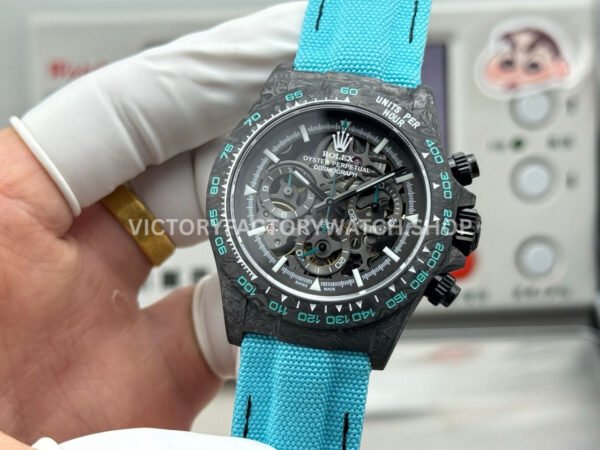 TW Factory Rolex Daytona 116500 40mm Carbon Fiber Light Blue Canvas Strap Skeleton Dial