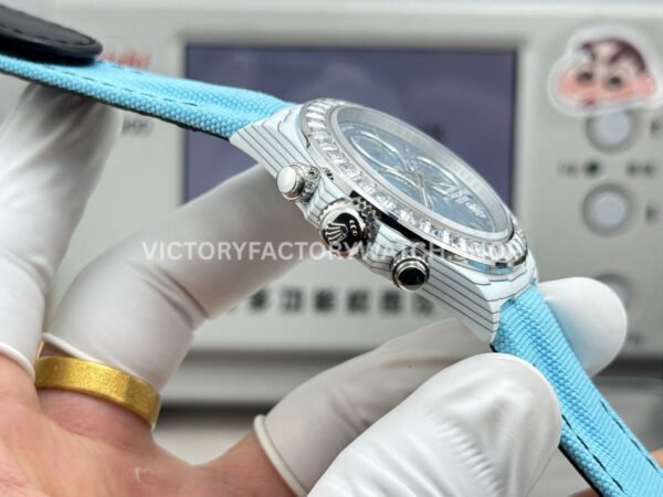 TW Factory Rolex Daytona 116500 40mm White Carbon Fiber Light Blue Canvas Strap White Diamond Bezel Blue Dial
