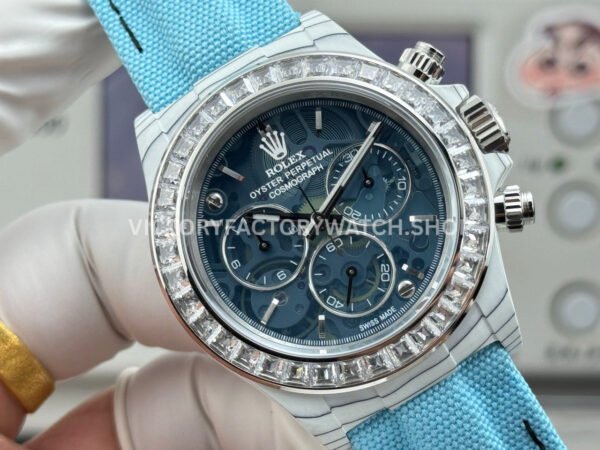 TW Factory Rolex Daytona 116500 40mm White Carbon Fiber Light Blue Canvas Strap White Diamond Bezel Blue Dial