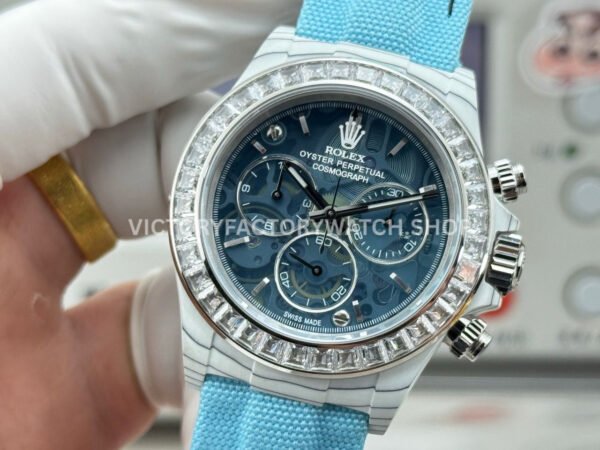 TW Factory Rolex Daytona 116500 40mm White Carbon Fiber Light Blue Canvas Strap White Diamond Bezel Blue Dial
