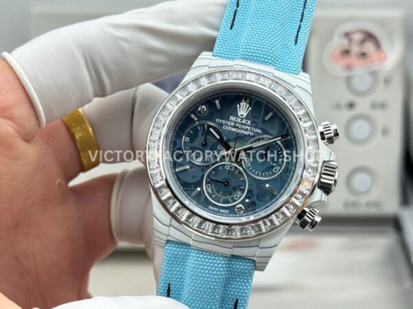 TW Factory Rolex Daytona 116500 40mm White Carbon Fiber Light Blue Canvas Strap White Diamond Bezel Blue Dial