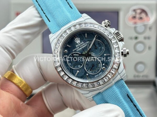 TW Factory Rolex Daytona 116500 40mm White Carbon Fiber Light Blue Canvas Strap White Diamond Bezel Blue Dial