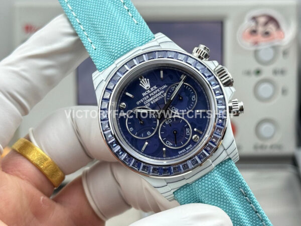 TW Factory Rolex Daytona 116500 40mm White Carbon Fiber Light Blue Canvas Strap Blue Diamond Bezel Blue Dial
