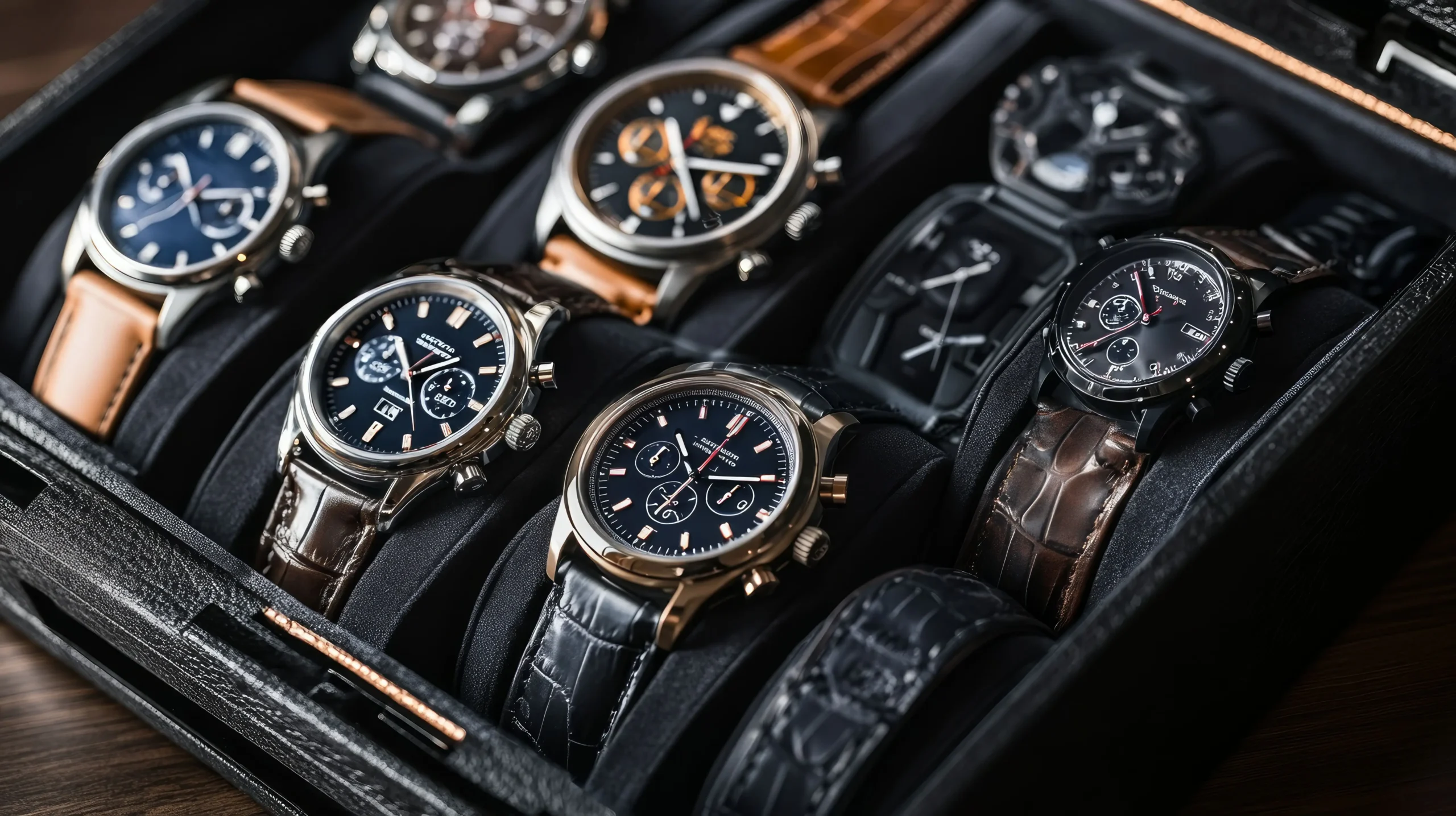 Collection of elegant mechanical watches with leather straps displayed for collectors