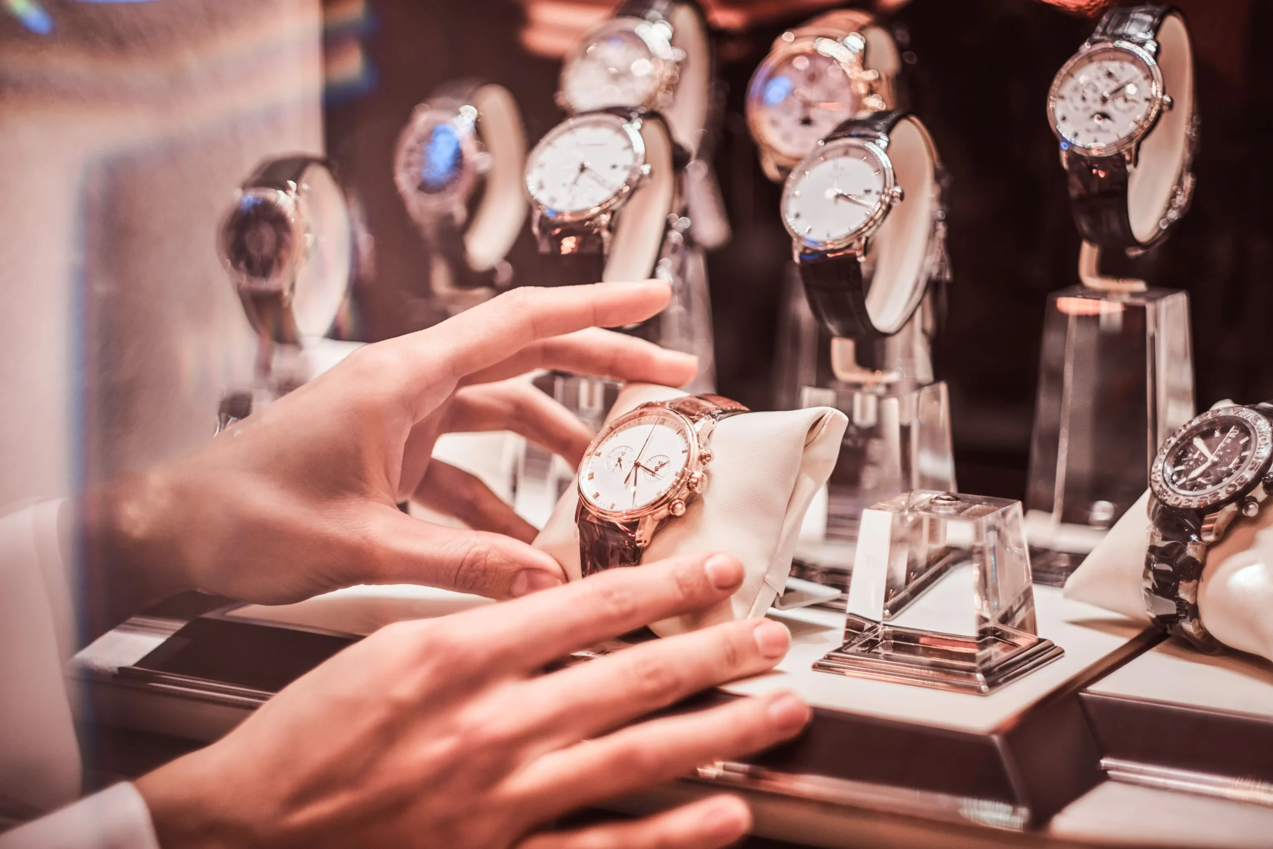 Customer examining luxury timepieces in a watch display store collection