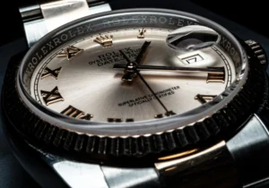 Close-up of a luxury Rolex Datejust watch dial with Roman numerals and magnified date window.