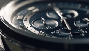 Close-up macro shot of a luxury chronograph dial with a navy blue face, silver hands, and subdials.
