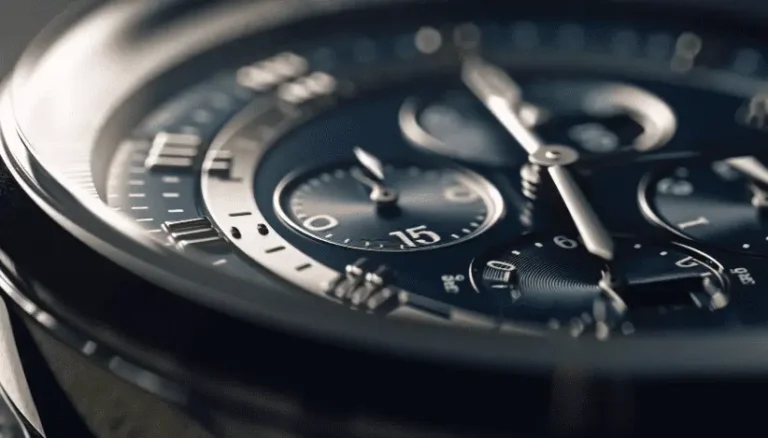 Close-up macro shot of a luxury chronograph dial with a navy blue face, silver hands, and subdials.