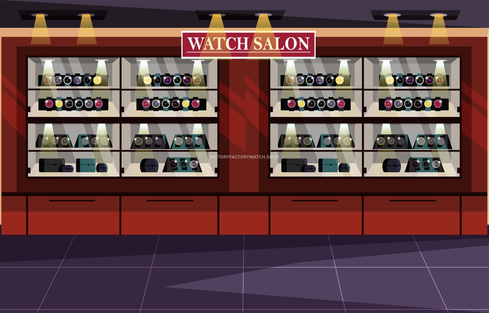 Illustration of a watch salon showcasing multiple replica watches in a retail display with spotlight lighting