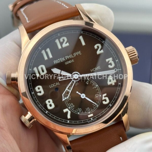 3K Factory Patek Philippe Calatrava Pilot Travel Time 5524R-001 Rose Gold Brown Dial (8) 3K Factory Patek Philippe Calatrava Pilot Travel Time 5524R-001 42mm Rose Gold Brown Dial