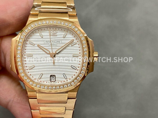 3K Factory Patek Philippe Nautilus 35.2mm 7118-1200R-001 Full Rose Gold Diamond Bezel White Dial (4) 3K 7118 1200R white dial diamond bezel Patek