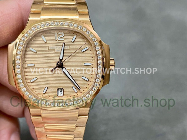 3K Factory Patek Philippe Nautilus 7118-1200R-010 Full Rose Gold Diamond Bezel Gold Dial (1) 3K 7118 1200R gold dial diamond bezel Nautilus